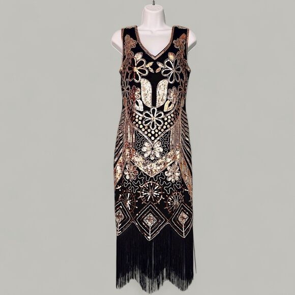 Retro Flapper Dress L Sequin Showgirl Black Fringe Roaring 20s Gatsby Burlesque - Picture 1 of 12